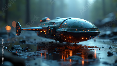 Futuristic spaceship landing on a misty forest stream reflecting light