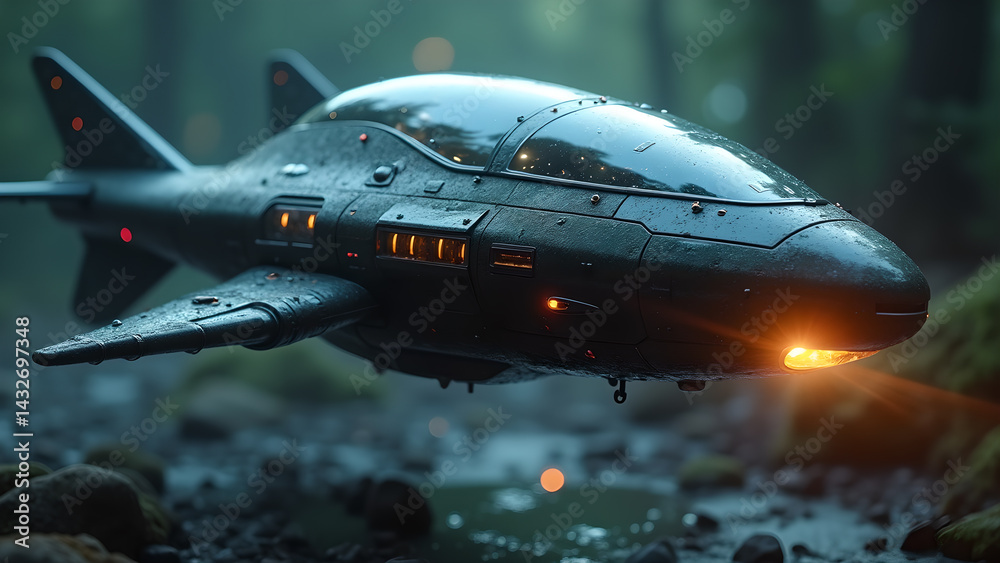 Retrofuturistic Aircraft Navigating a Mysterious Forest Landscape Scene Retrofuturistic Aircraft Navigating a Mysterious Forest Landscape Scene