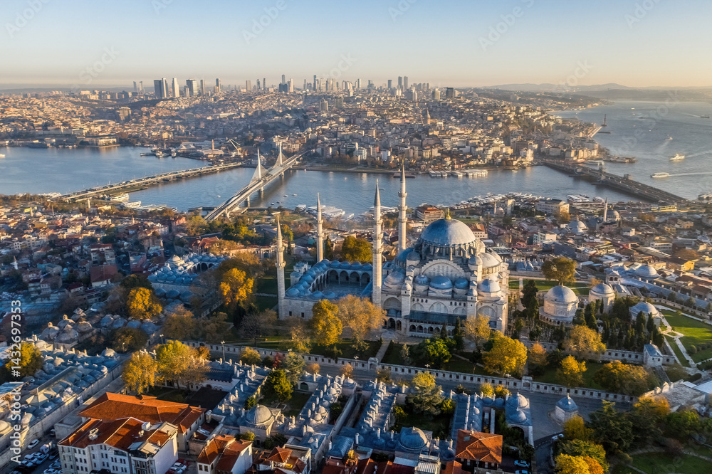 Naklejka premium Suleymaniye Mosque. Historical Suleymaniye Mosque and magnificent Bosphorus view. Panoramic view of Istanbul with the Metro and Galata Bridge.Istanbul, Turkey.