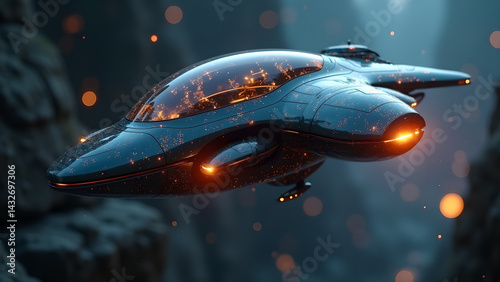 Sleek Future: A Streamlined Spaceship Gliding Through a Nebula Haze