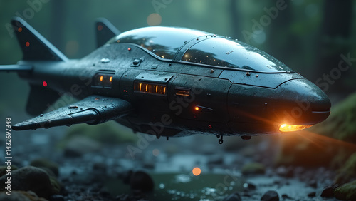 Retrofuturistic Aircraft Navigating a Mysterious Forest Landscape Scene