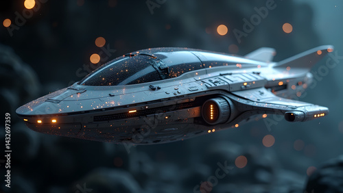 Futuristic spacecraft soaring through an atmospheric alien environment