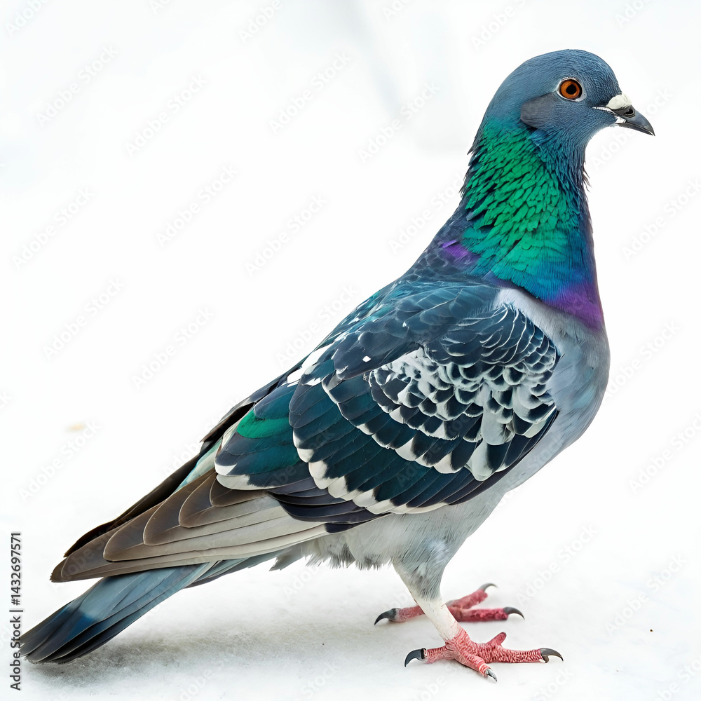 Fototapeta premium A beautiful, colorful pigeon on a white background.