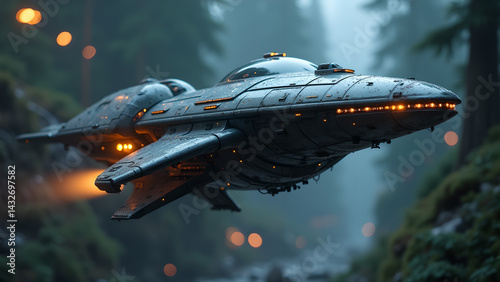 Futuristic Spaceship soaring above a Misty Forest River with Subtle Lights