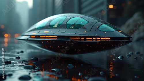 Futuristic cityscape showcasing an alien vehicle on a wet ground surface