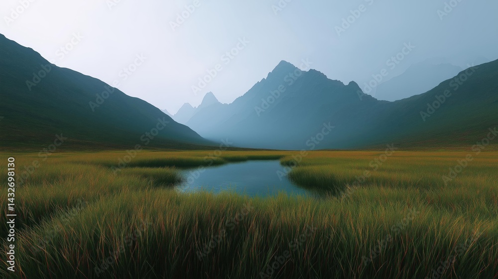 Obraz premium Landscape photograph of a mountain range with a small lake in the foreground. the mountains are covered in green and orange grass, and the sky is a pale blue.