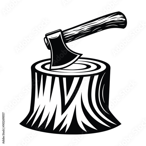 Black and white of axe in a stump, logging equipment, woodcutting tool