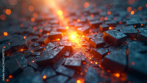Abstract shattered blocks amidst glowing particles emanating ethereal light