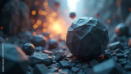 Textured sphere surrounded by polygonal fragments with ethereal light