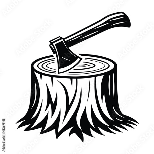 Black and White Axe Embedded in Tree Stump Wood Icon Style Isolated