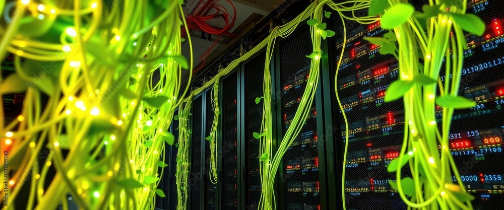Green vines illuminate server room.