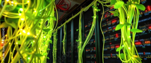 Obraz na płótnie Green vines illuminate server room. w salonie