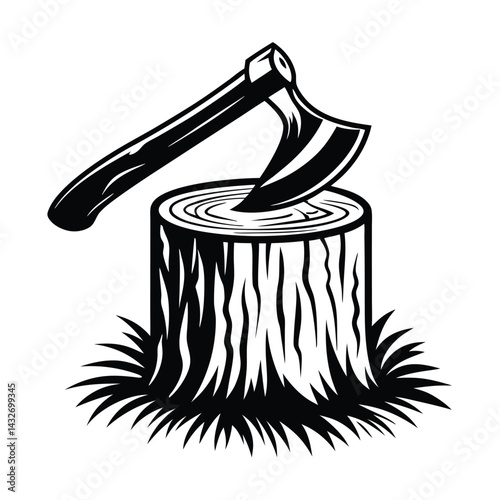 Monochrome Axe Stuck in Tree Stump with Grass in Detailed Black and White