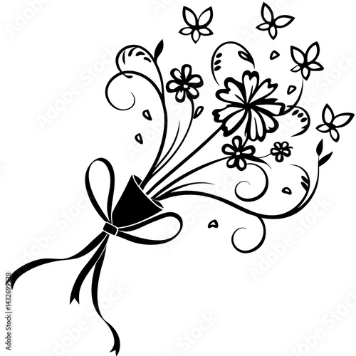 A silhouette of a wedding bouquet being tossed into the air, capturing a playful and joyous moment 