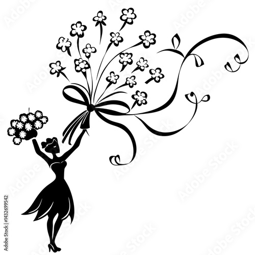 A silhouette of a wedding bouquet being tossed into the air, capturing a playful and joyous moment 