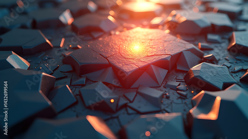 Abstract polygon landscape shattered into fragments with intense central light