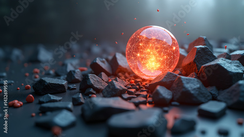 Fiery nexus: An orb of interconnected light amidst a rocky expanse