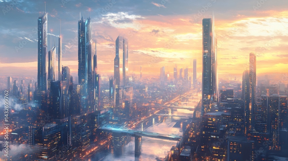 Obraz premium Futuristic Cityscape: A Golden Hour Digital Painting