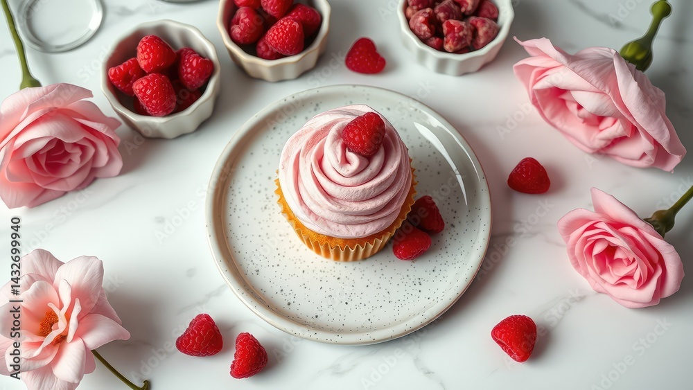 Pink cupcake with raspberries