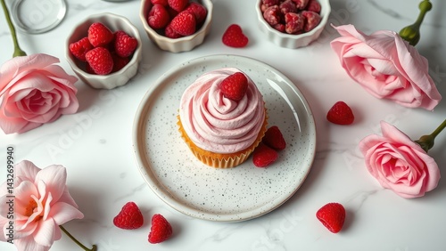 Pink cupcake with raspberries
