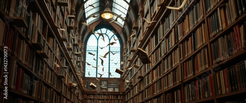 Obraz na płótnie Books fly in grand library w salonie