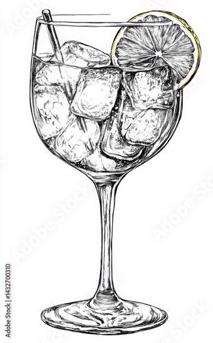 Detailed Illustration Of A Mixed Drink In A Wine Glass With Ice And Lemon