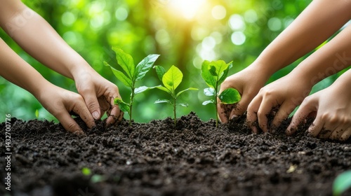 Children plant trees in the garden, environmental care photo