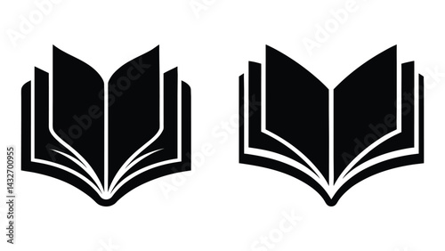A vector illustration showcases a set of black and white books, including an abstract open book, open book vector illustration