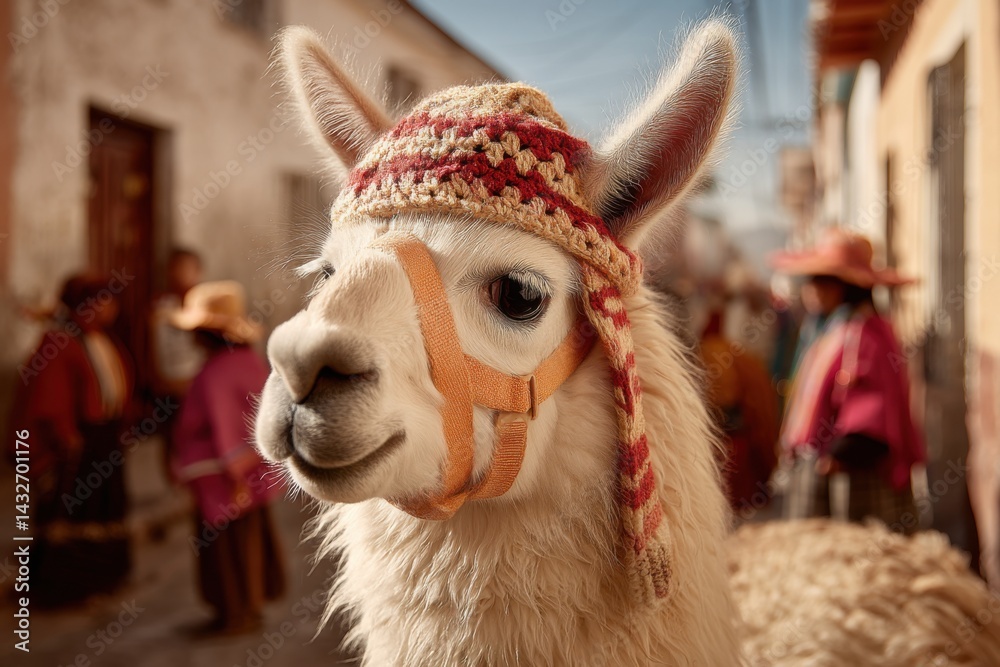 Obraz premium Close-up portrait of a white llama with crocheted hat and South American town background