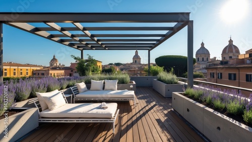 Stunning modern rooftop garden terrace in rome with beautiful greenery and scenic views of the historic cityscape beneath the blue sky