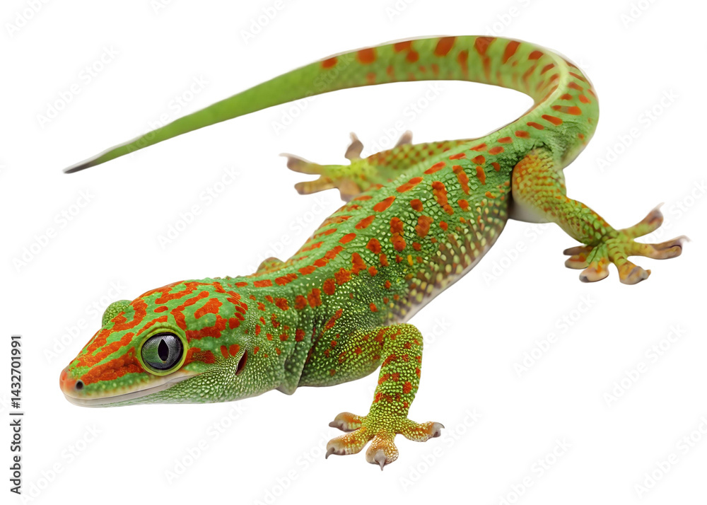 Naklejka premium Close up of a green gecko with red spots on a transparent background