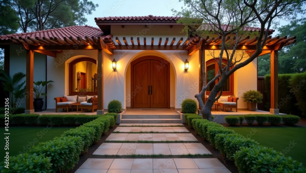 Fototapeta premium Delightful modern bohemian style house exterior surrounded by tropical garden elements offering a peaceful and inviting atmosphere for relaxation