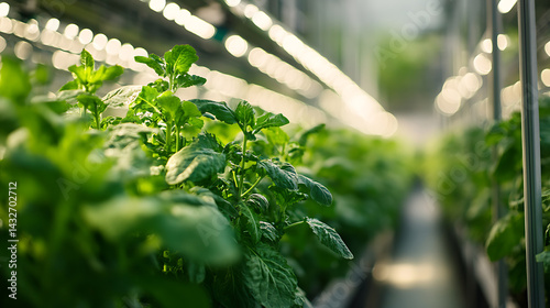 A robotic arm operating in a vertical farming facility, gently harvesting ripe vegetables, smart greenhouse with automated lighting and irrigation