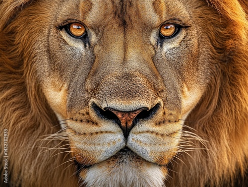 An extreme macro close-up of a male lions face, showcasing the raw power and beauty of the king of the jungle