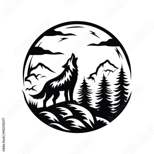 Black silhouette of a wolf howling in a forest mountain landscape inside a circle