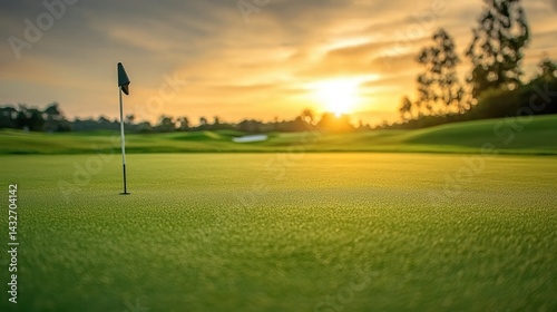 A close-up of a golf course green with the flagstick and hole at the center.
