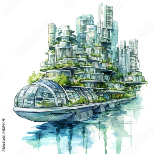 watercolor of Futuristic Floating City On The Ocean With, isolated on a white background.