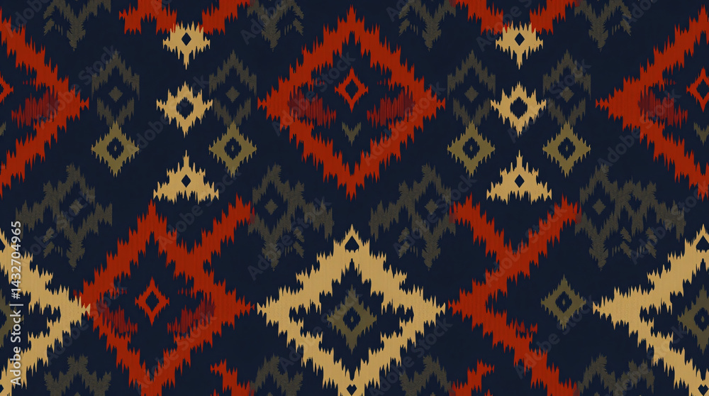 Ikat pattern flows in seamless repetition, featuring diamond motifs and zigzag lines in deep navy and rust orange. Ikat pattern flows in seamless repetition, featuring diamond motifs and zigzag lines in deep navy and rust orange.