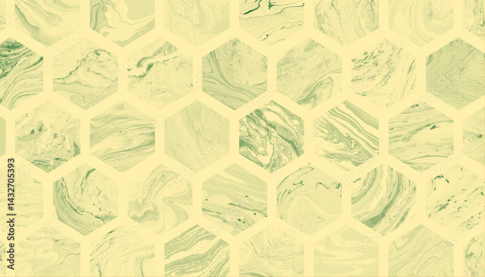 Obraz premium Seamless pattern of green marble-textured hexagon tiles on a soft yellow background