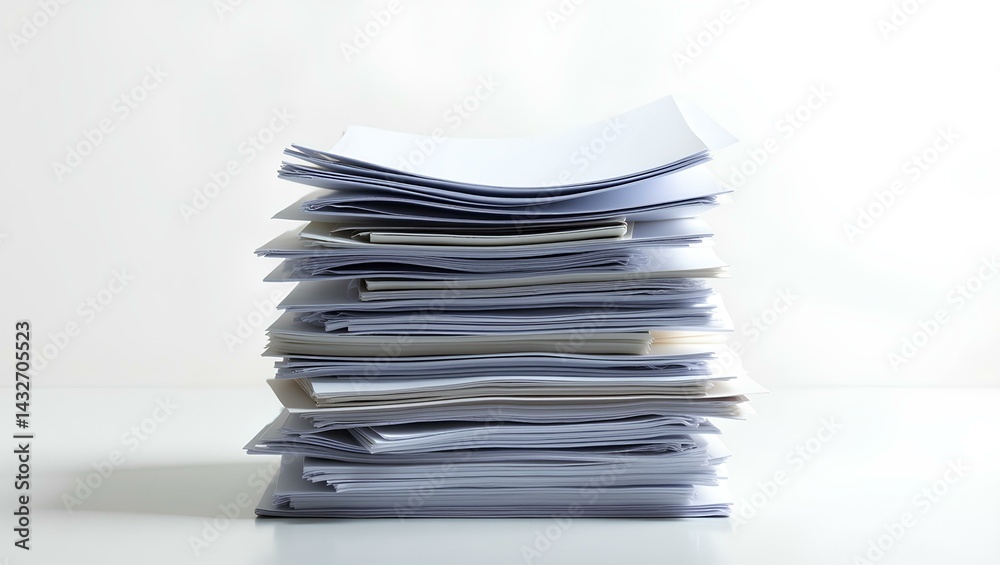 Tall Stack of Office Paperwork on White Background – Workload Concept Tall Stack of Office Paperwork on White Background – Workload Concept
