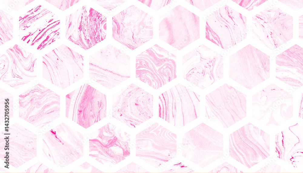 Obraz premium Abstract honeycomb pattern with pink and white marbled textures in a modern seamless design