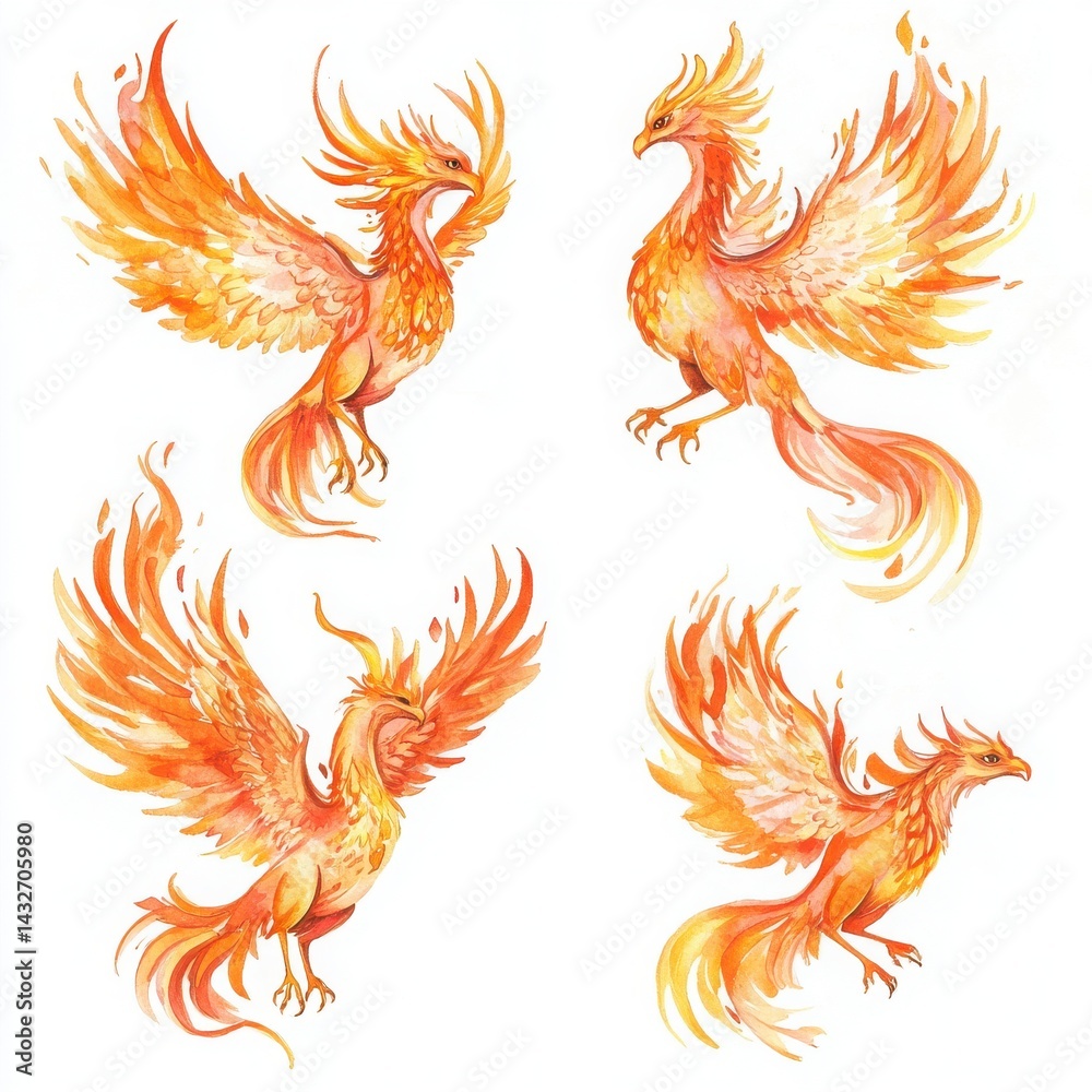 Fototapeta premium Four Colorful Bird Creatures in Flight Against a Plain Background