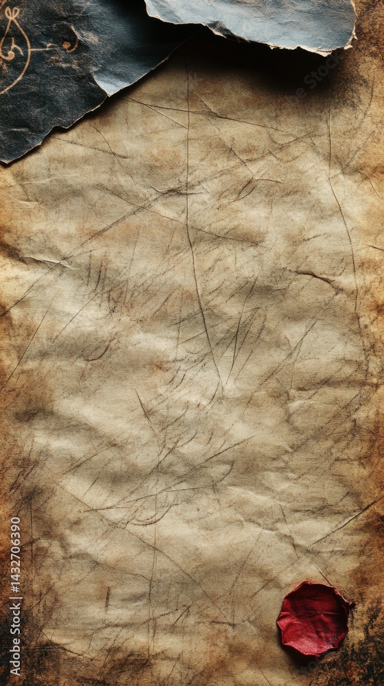 Fototapeta premium Distressed Antique Parchment Paper with Wax Seal and Torn Edge, Ready for Lettering or Inscription, Evoking Mystery