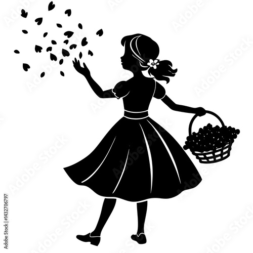 A silhouette of a young flower girl gracefully scattering petals down the aisle, capturing a charming and delicate moment