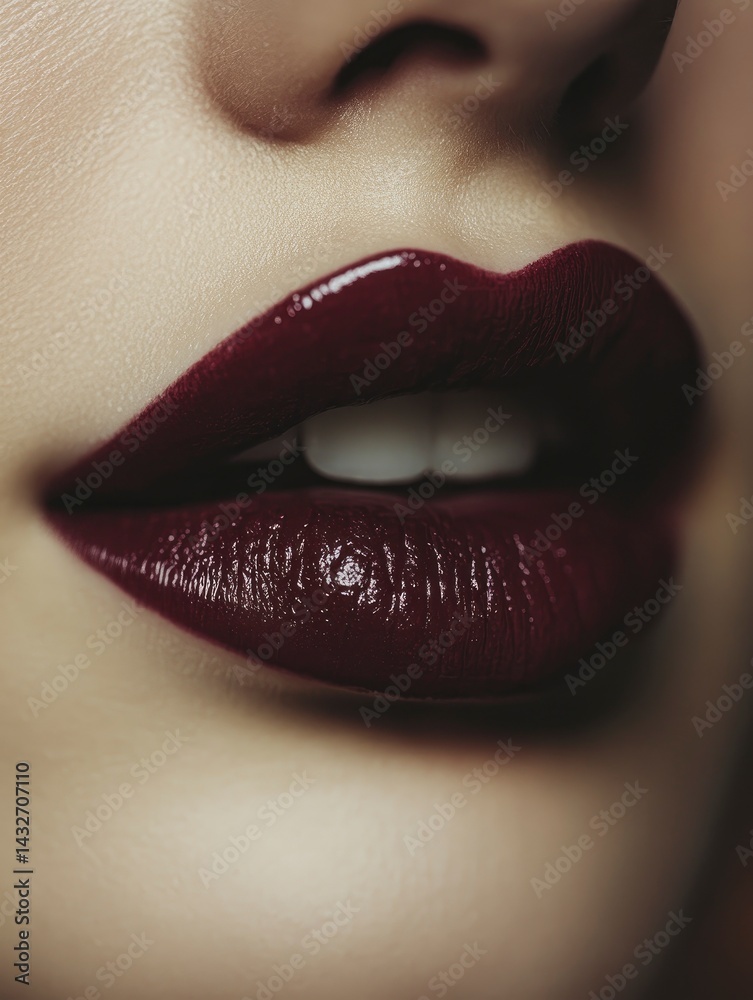 Fototapeta premium An ultra-close-up shot of a woman's lips, gently biting the lower lip, accentuating their softness and natural curves