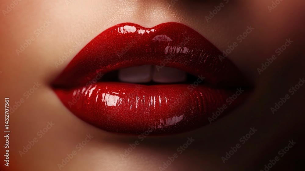 Obraz premium An ultra-close-up shot of perfectly shaped, plump, and soft lips, painted with a rich, glossy red lipstick