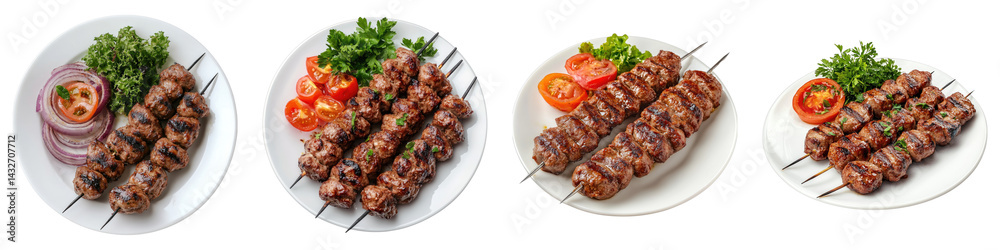 Grilled kebab on white plate Isolated on transparent background. PNG , Set of Grilled kebab on white plate Isolated on transparent background. PNG , Set of