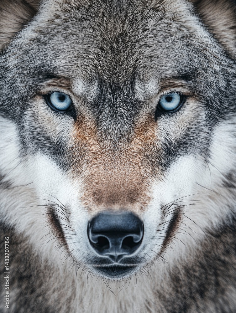 Fototapeta premium An ultra-detailed close-up macro shot of a grey wolf's face, capturing the sharp intensity of its ice-blue eyes