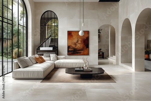  Modern living room with large-format light beige tiles, black gothic arches, piano, sofa, coffee table, contemporary art, and pendant lamp. © JIALU