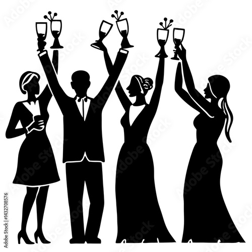 A silhouette of wedding guests raising their glasses for a toast, capturing a joyful and celebratory atmosphere